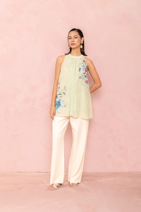 Mint Green Georgette Halter Neck Floral Print Top — LABEL NAARITI