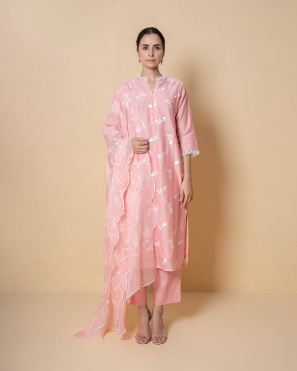 Creamy Peach Floral Embroidered Chanderi Suit Set — Kameez