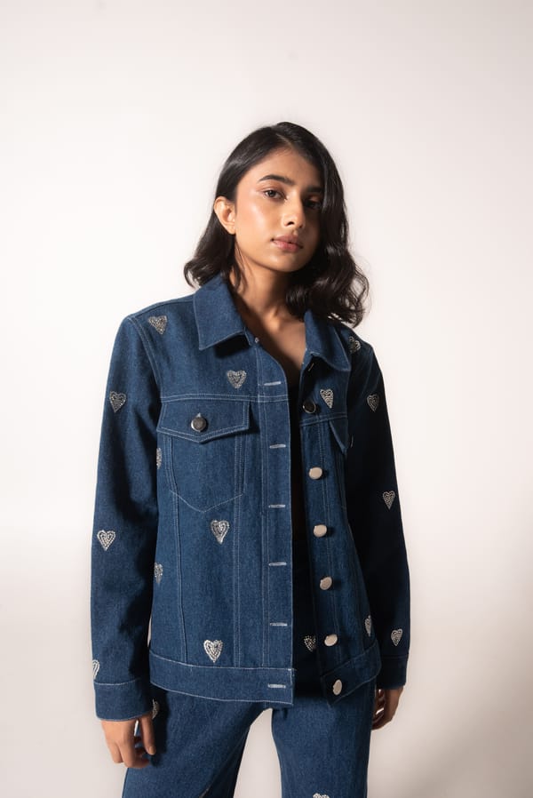 Blue Denim Jacket with Bejewelled Heart Motifs — MAGIA
