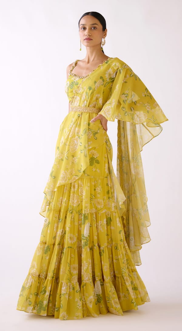 Yellow Floral Georgette Pre-Draped Saree Set with Belt — Basanti Kapde aur Koffee