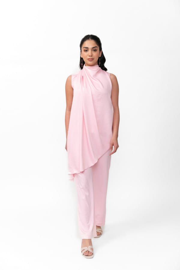 Pink High-Neck Scarf Drape Co-ord Set with Trousers — Contemponari