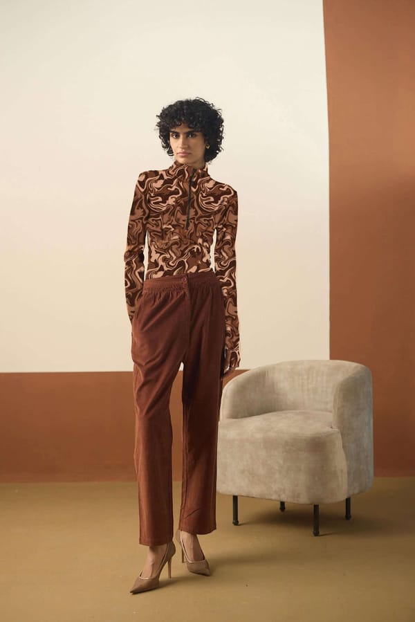 Brown Printed Half-Zip Bodysuit and Corduroy Co-ord Set — Muvazo