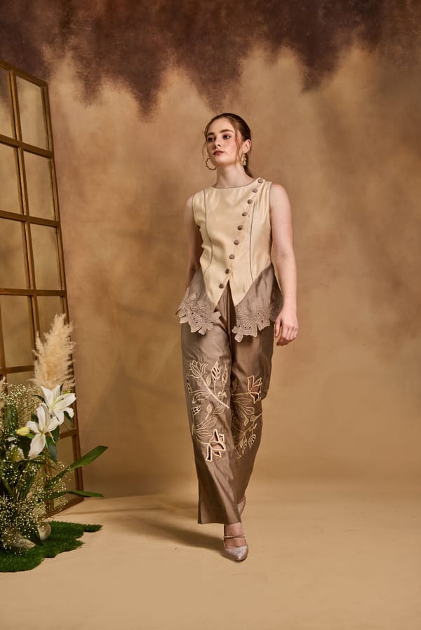 Cream and Copper Lace Applique Co-ord Set — An'era by Asmita Verma