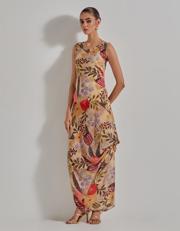 Beige Floral Printed Asymmetrical Drape Maxi Dress — Kavita Bhartia