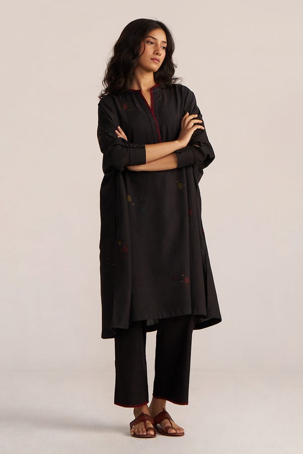 Black Woven Cotton Co-ord Set with Slip and Stitch Detail — Ganga Fashions Pvt Ltd