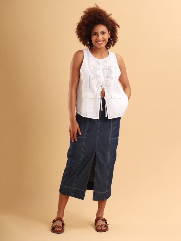 White Embroidered Tie-Up Vest Top with Patch Pockets — ANISETTE