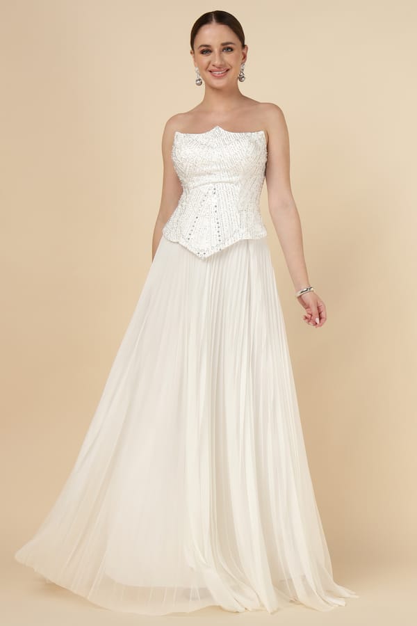White Off-Shoulder Sequin Bodice Maxi Gown — NAZELLA