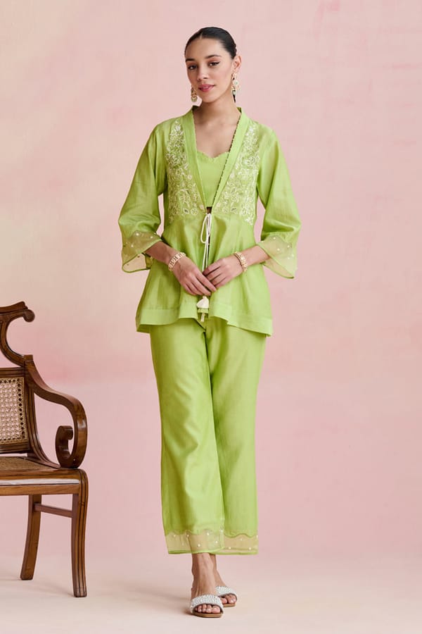 Bright Green Chanderi Embroidered Kurta Set (3-Piece) — NIRVAIR CLOTHING
