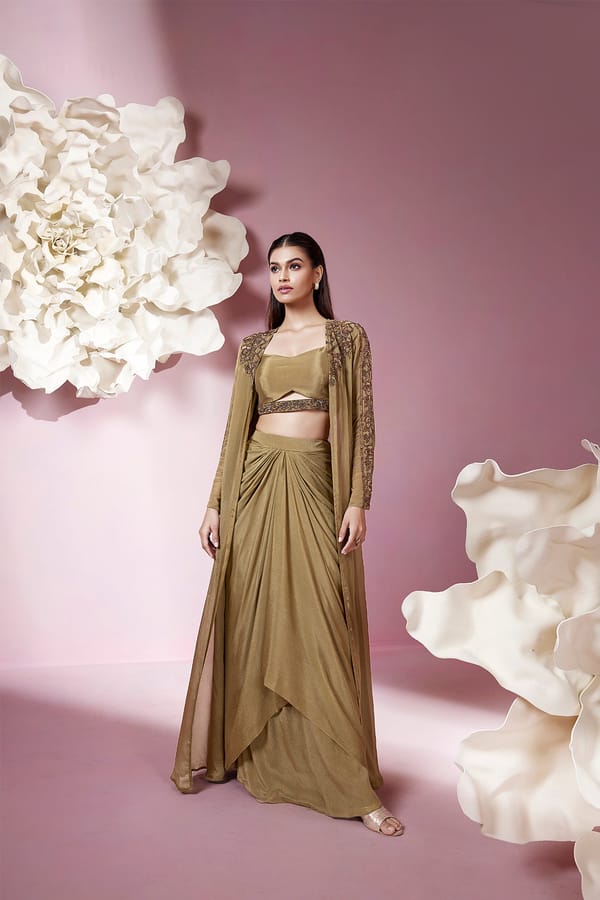Mustard Olive Chiffon Drape Skirt Co-ord Set with Jacket — QUNIC