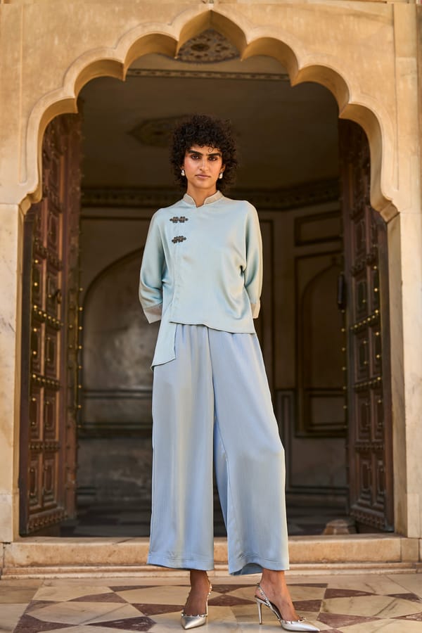 Blue Crinkle Satin Wide-Leg Trousers — Dash and Dot