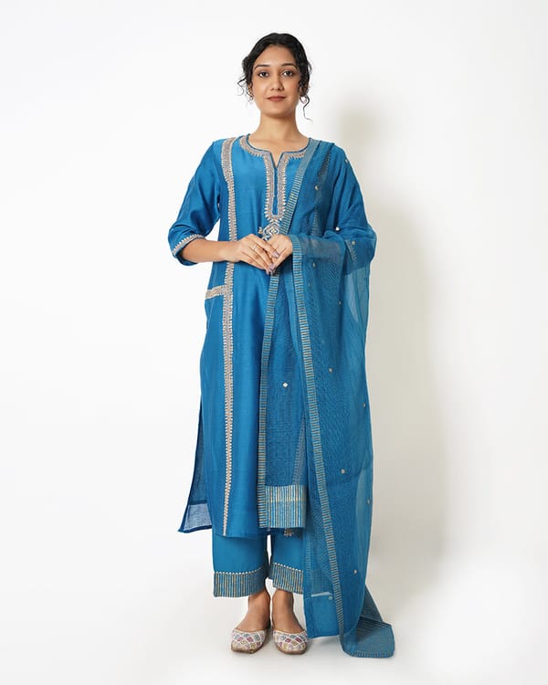 Pacific Blue Chanderi Gota Work Straight Kurta Set — Kameez