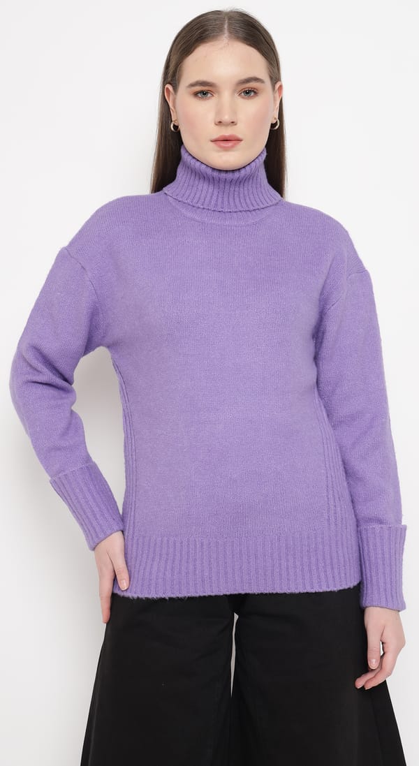 Lavender Turtleneck Pullover Sweater with Rib Trims — SILVIAN HEACH