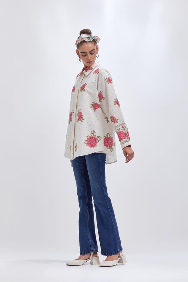 Off-White Floral Block Print Cotton Shirt with Full Sleeves — Upavita