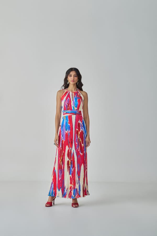 Pink/Red Halter Neck Micro Pleated Printed Maxi Dress — Saaksha and Kinni