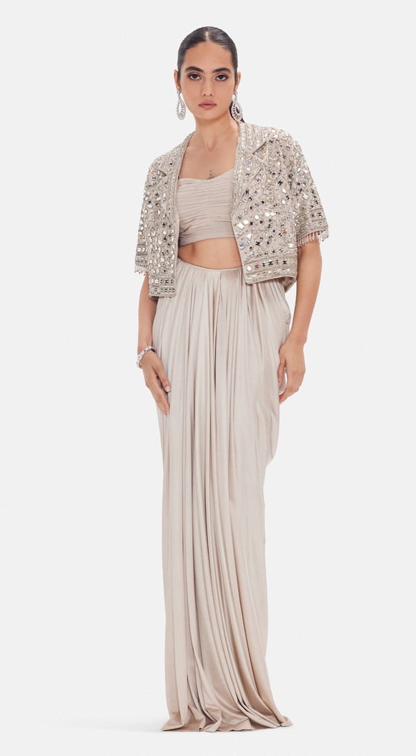 Gold Embellished Jacket, Blouse and Draped Maxi Skirt Set — Basanti Kapde aur Koffee