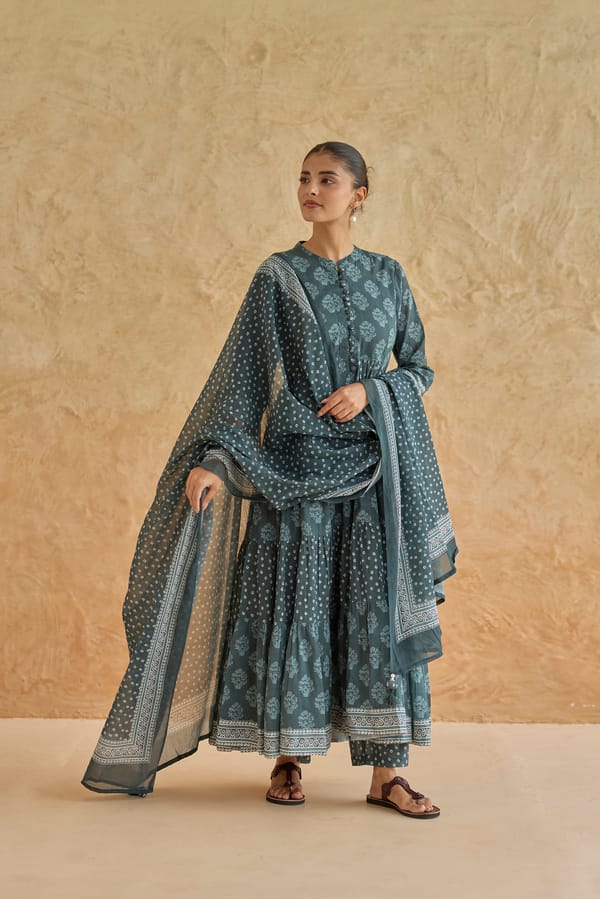 Teal Printed Flared Kurta Set with Dupatta — CHHIPA JAIPUR