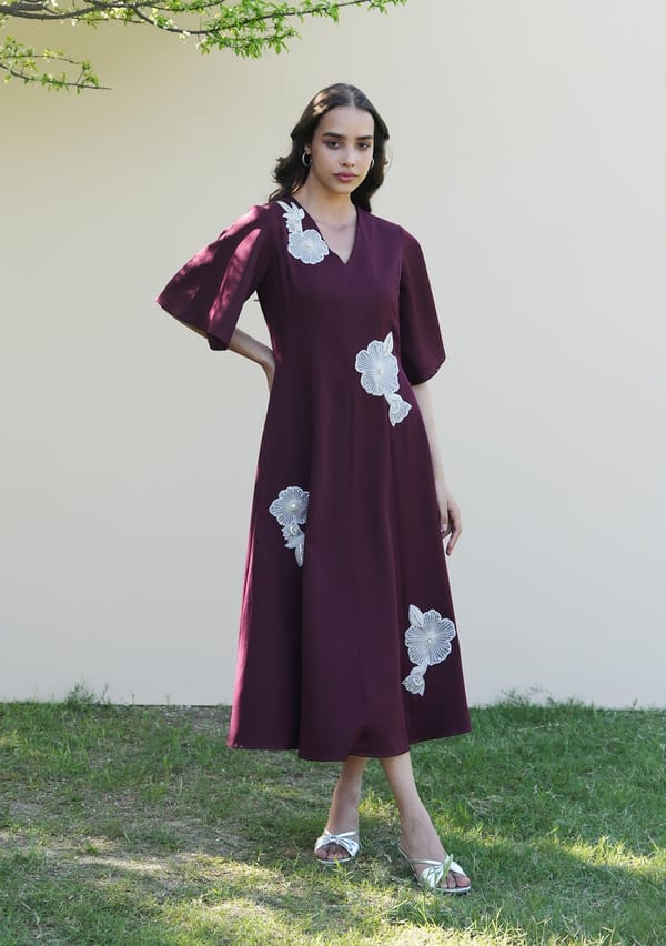 Burgundy Fit and Flare Midi Dress with Embroidered Patches — AMOSHI