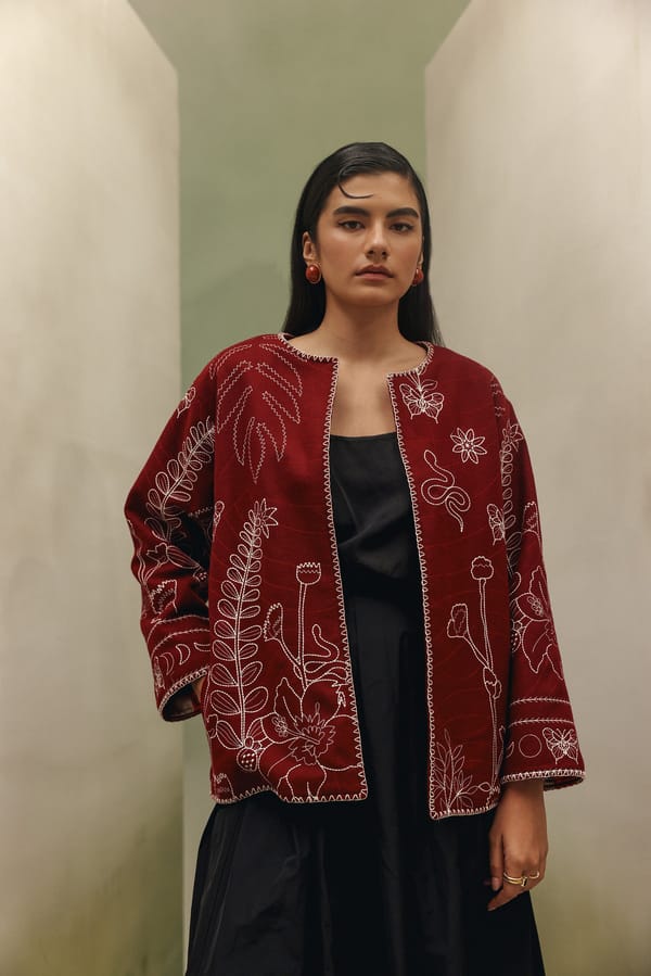 Burgundy Wool Felt Embroidered Open-Front Jacket — SHOP NOIB