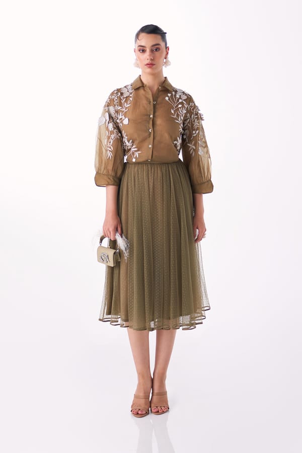 Mushroom Dotted Net A-Line Midi Skirt with Side Zipper — Our Love
