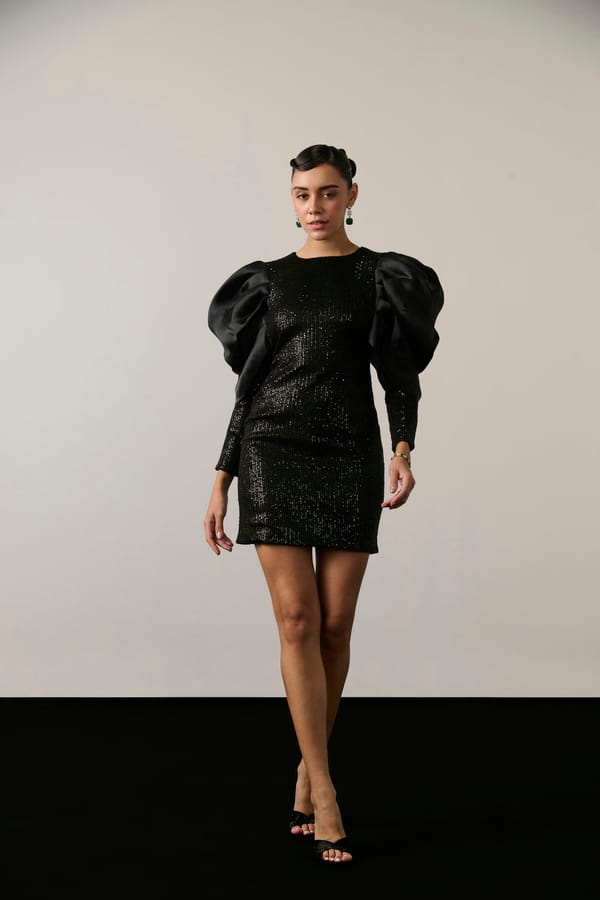 Black Sequin Mini Sheath Dress with Organza Puff Sleeves — Label IRIS