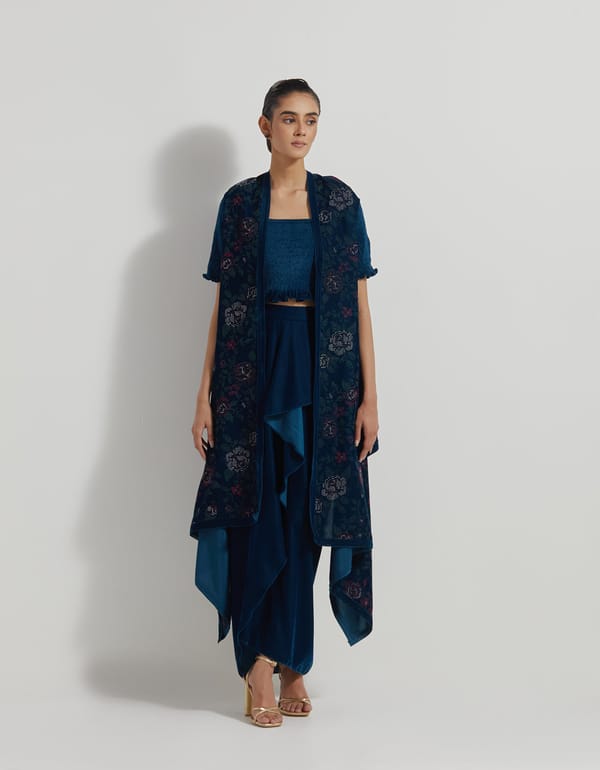 Teal Velvet 3-Piece Cape Co-ord Set with Drape Skirt — Kavita Bhartia