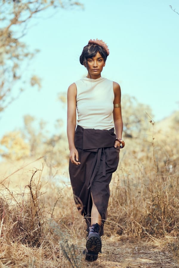 Dark Brown Cotton Twill Wrap Midi Skirt with Tie Waist — Unrush