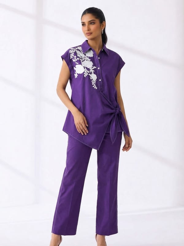 Purple Embroidered Shirt and Wide-Leg Pants Co-ord Set — RUCHIKA MALLIKA LABEL