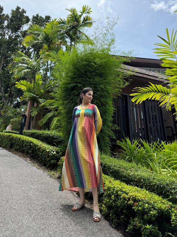 Multicolor Printed Kaftan-Style Midi Cotton Dress — GAIMA LABEL