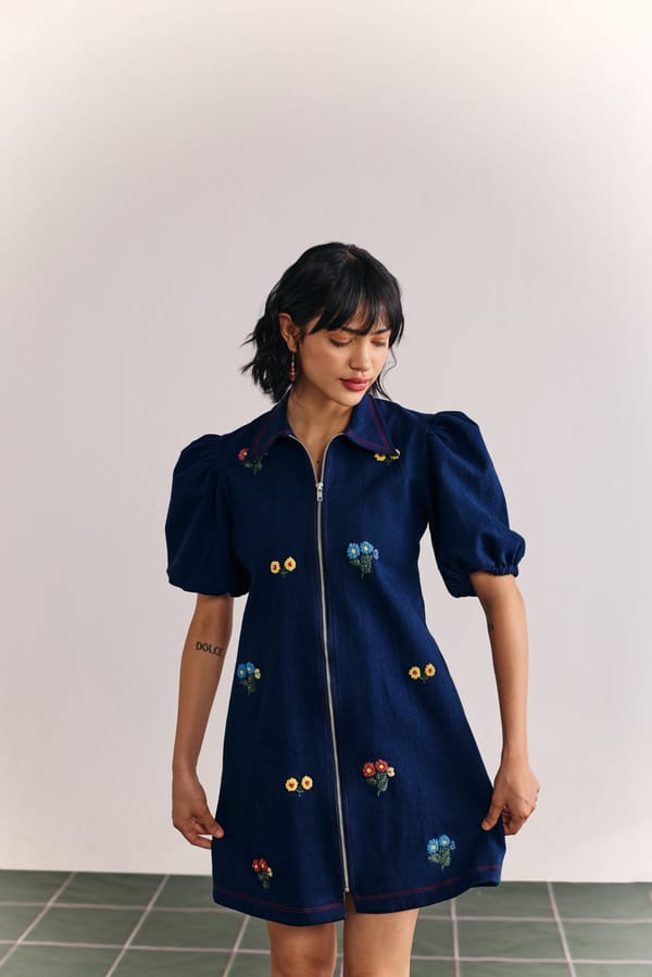 Denim Embellished Puffed Sleeve Dress — HOUSE OF HEATHER