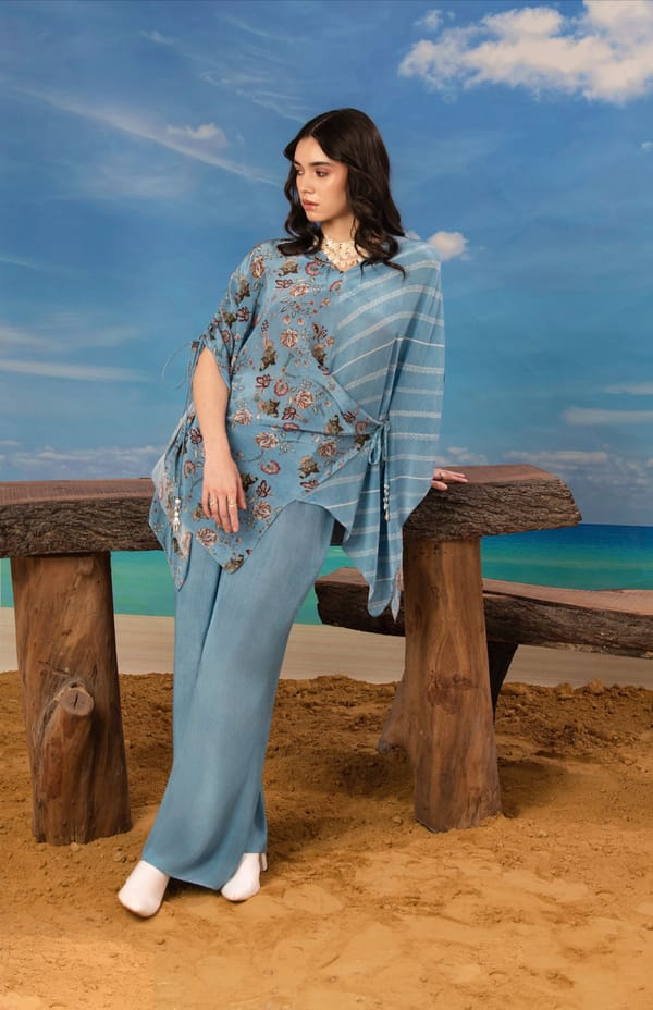 Blue Printed Drape Top and Flared Pants Co-ord Set — ISHA GUPTA TAYAL