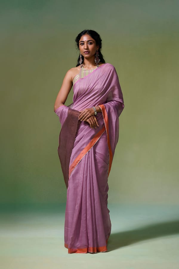 Light Purple Chanderi Saree with Orange Contrast Border — Dressfolk