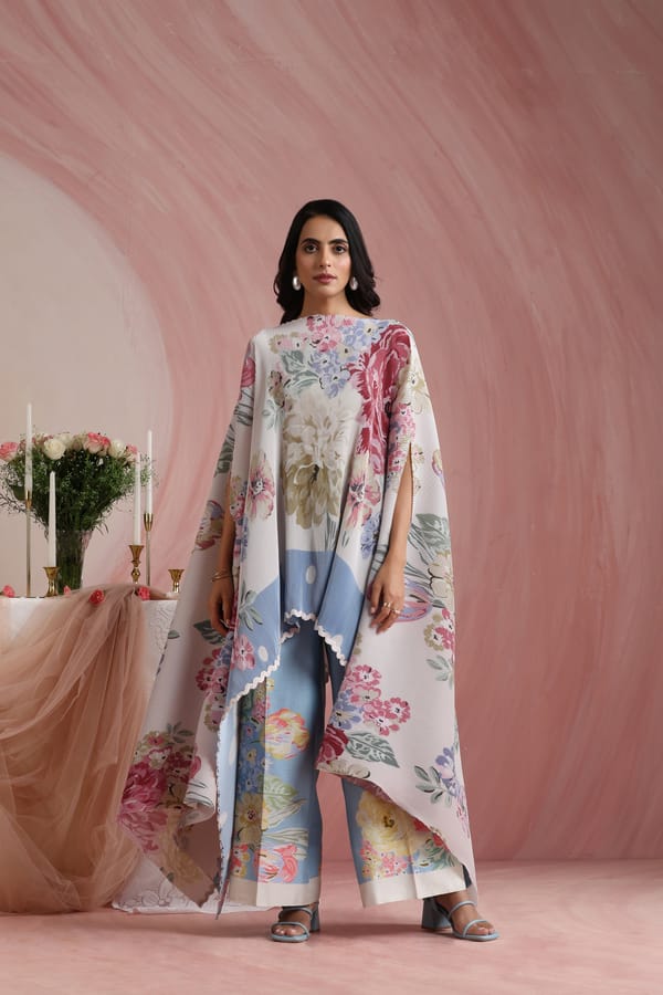 Ivory Floral Printed Pleated Poly Satin Cape — Moh India