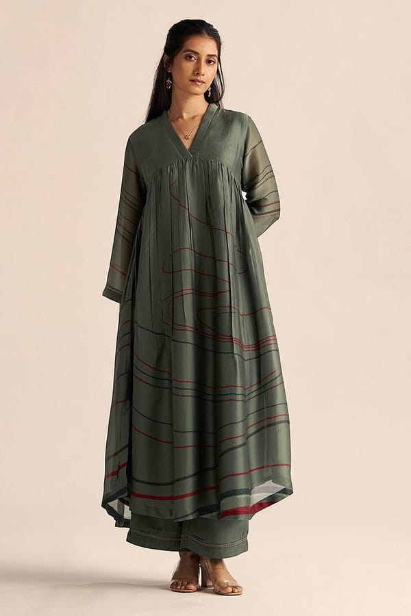 Cilantro Green Silk A-Line Kurta and Pant Co-ord Set — Ganga Fashions Pvt Ltd