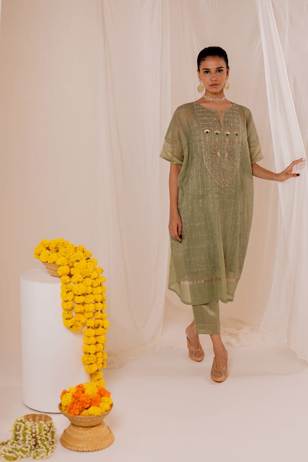 Sage Green Chanderi Silk Kaftan Kurta Set with Slip — Silai studio