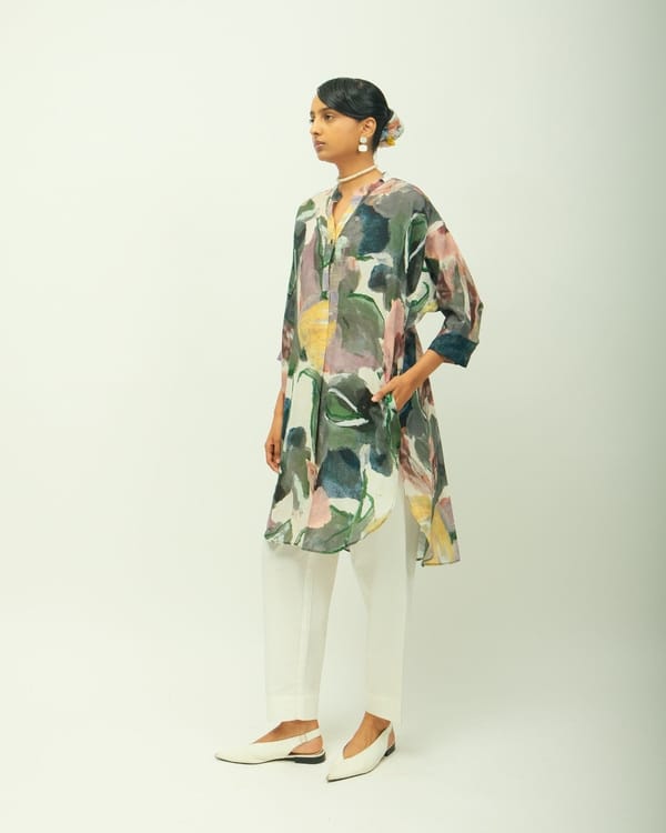 Green Abstract Printed Dotted Dobby Anti-Fit Kurta — Ofrida