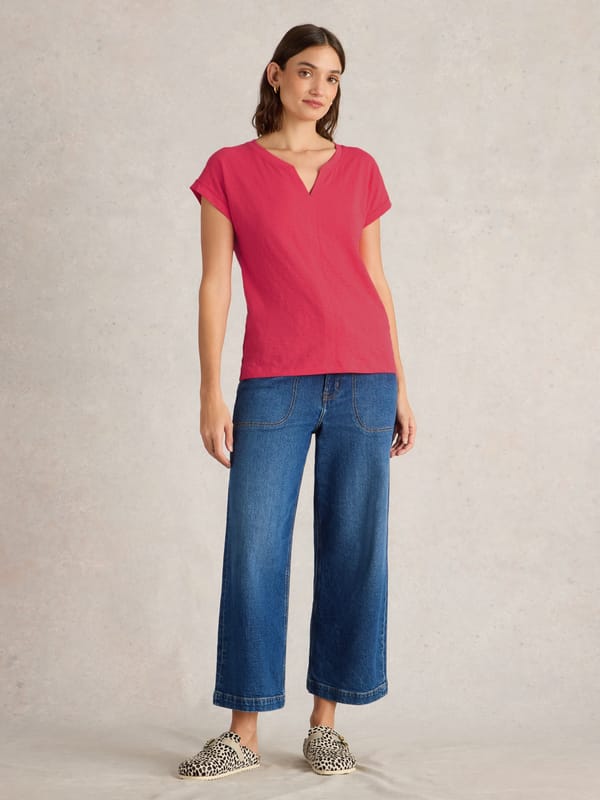 Bright Pink Notch V-Neck Cotton Jersey T-Shirt — White Stuff