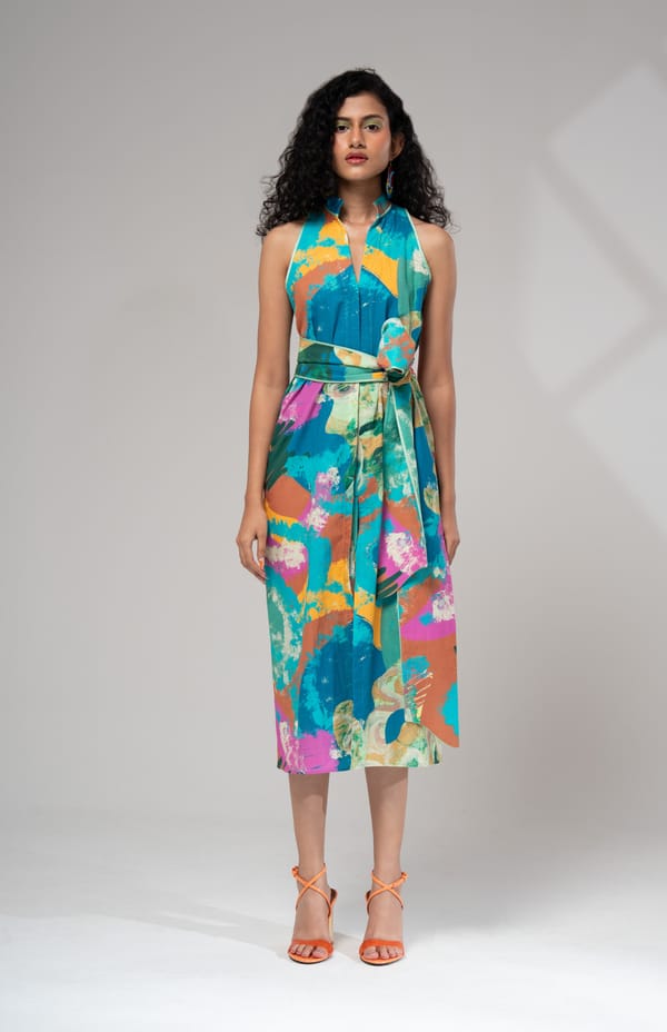 Multicolor Abstract Printed Belted Midi Dress — ADVAIT