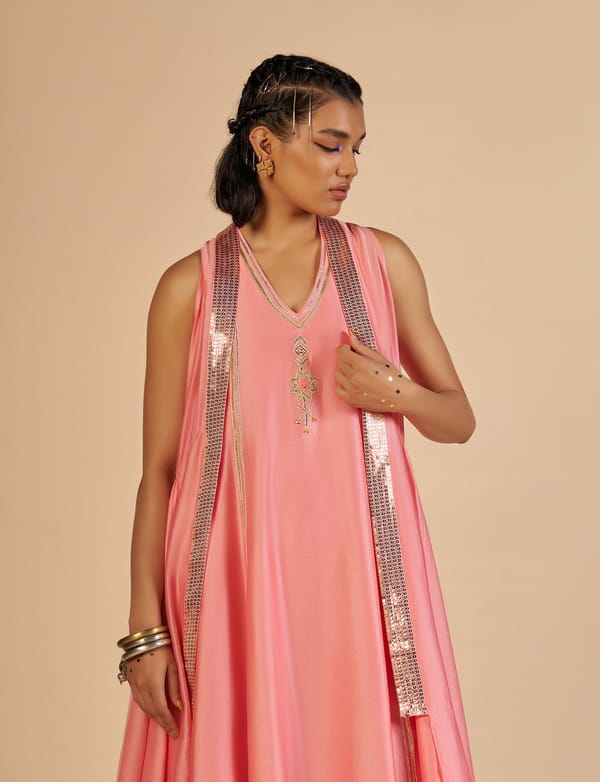 Pink Silk Chanderi A-Line Midi Dress with Gota Sequins — Gulabo by Abu Sandeep