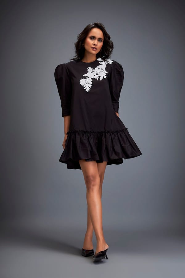 Puff-sleeve Dress With Swarovski Floral Applique — Deepika Arora