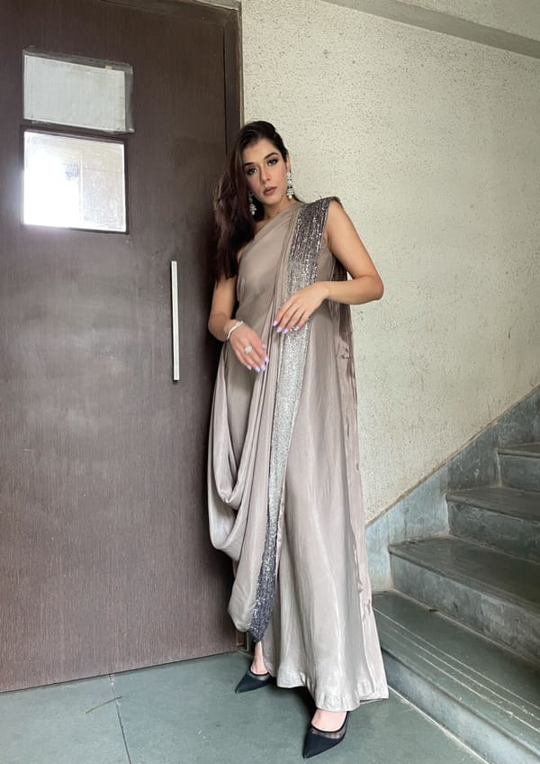Fawn Cowl-Drape Concept Saree with Sequin Border — The Grey Dot