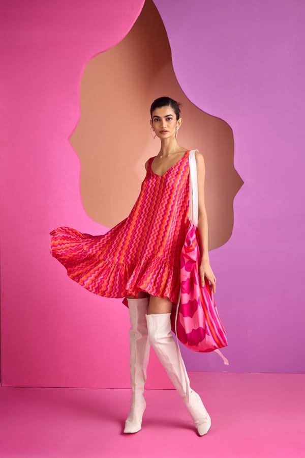 Pink Abstract Print V-Neck Mini Dress with Ruffle Hem — CUIN
