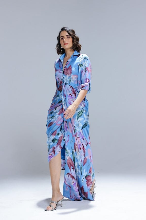 Powder Blue Floral Georgette Satin Shirt Gown — STUDIO SURBHI