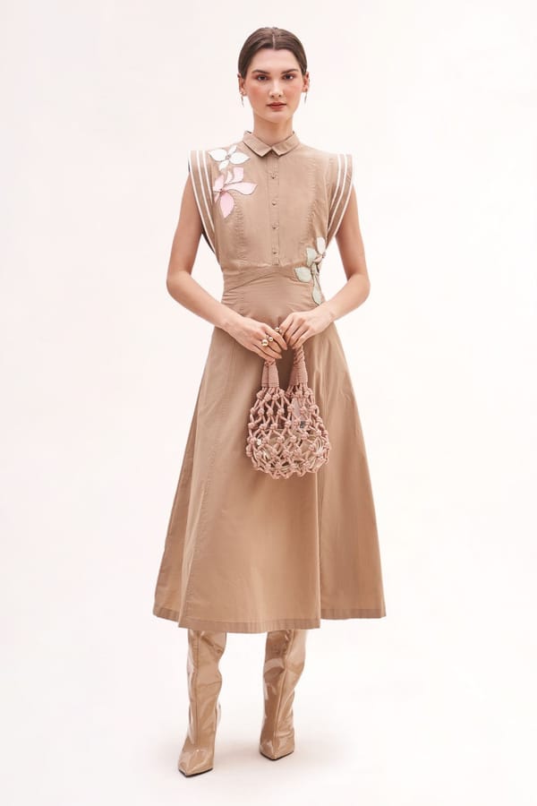 Khakhi Cotton Satin Midi Shirt Dress with Floral Applique — Our Love