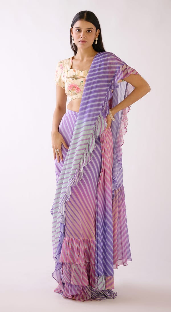 Pink and Purple Pastel Striped Georgette Saree — Basanti Kapde aur Koffee