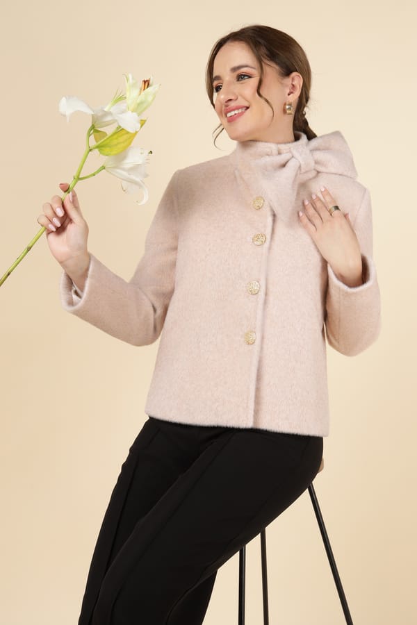 Light Pink High Neck Bow Detail Button-Front Jacket — H&G DESIGN