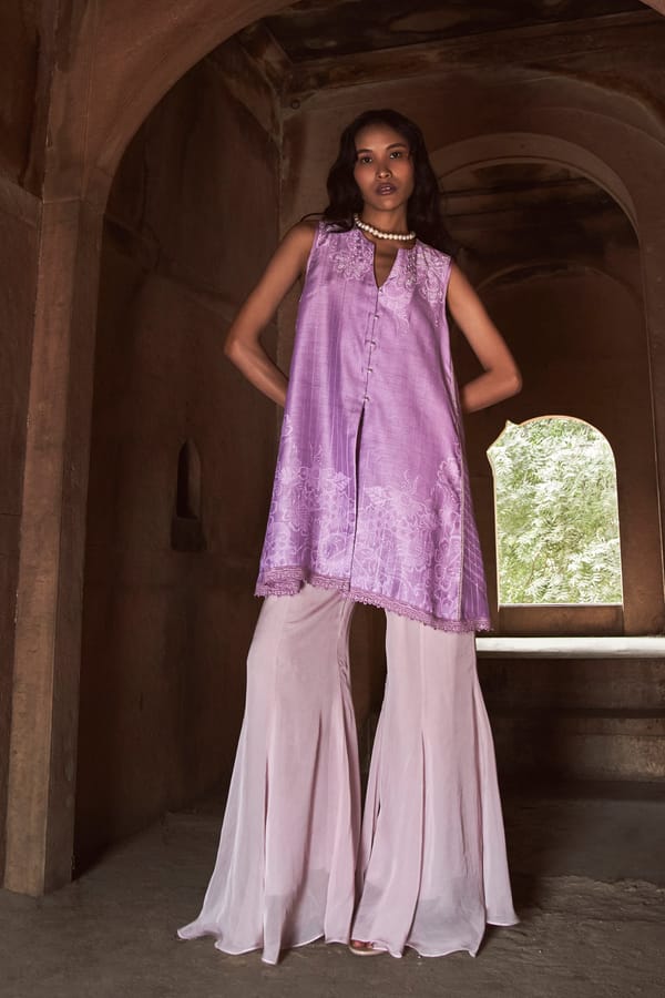 Lilac Striped Floral A-Line Tunic and Sharara Set — LABEL NAARITI