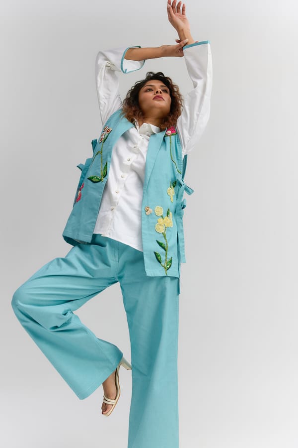 Aqua Blue  Denim Open Jacket 3 Piece Set — Itara an another