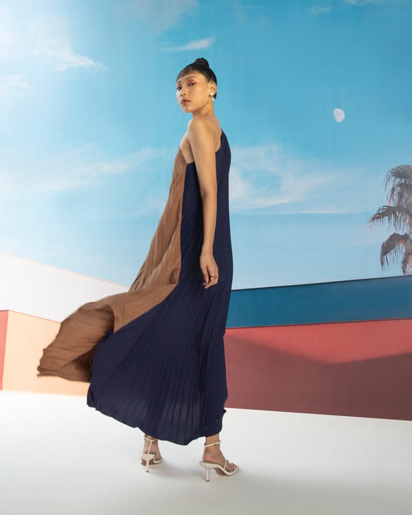 Blue/Brown One-Shoulder Pleated Maxi Dress — Pleats by Aruni