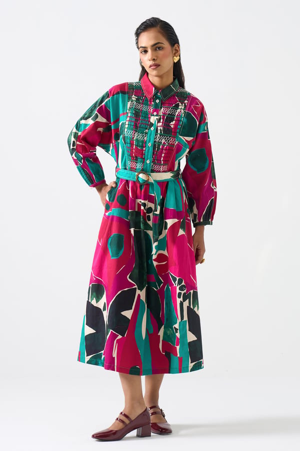 Multicolor Abstract Printed Belted Midi Shirt Dress — STITCH STORIES