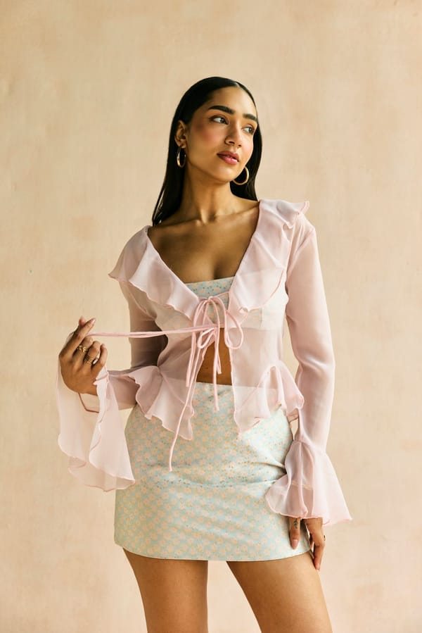 Blush Sheer Georgette Ruffle Tie-Up Shrug Top — Lea Clothing